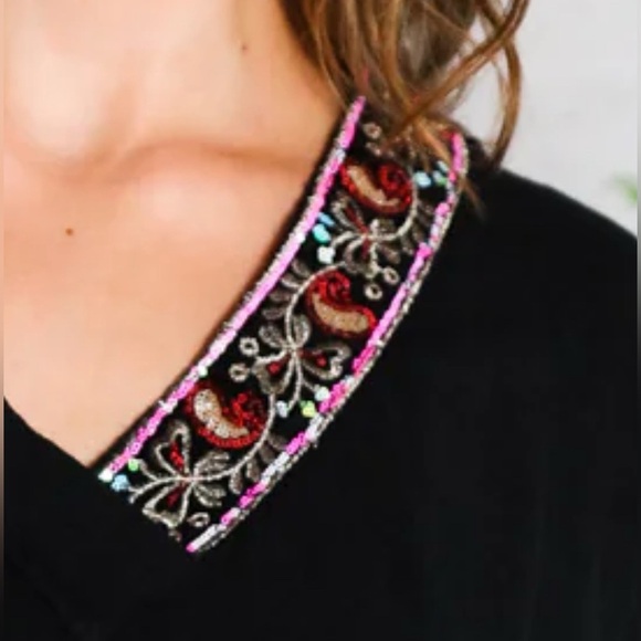 Black V-Neck Long Sleeve Sweater with Sequined Trim - Picture 4 of 4